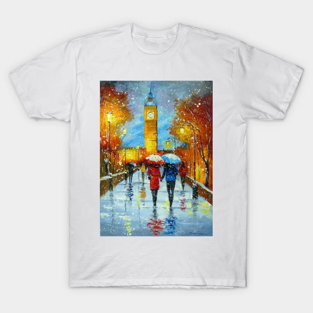 Romantic snowfall in London T-Shirt by OLHADARCHUKART